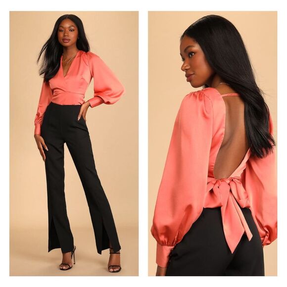 Lulus Reserve a Table Rusty Rose Satin Tie-Back Long Sleeve Top size small - Picture 1 of 13